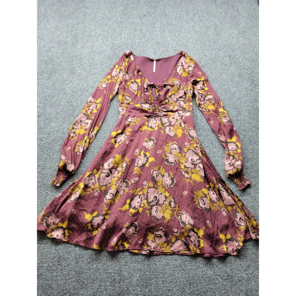 Free People Floral Polka Dot Mini Dress Plum Purple Long Sleeve Smocked Size 2